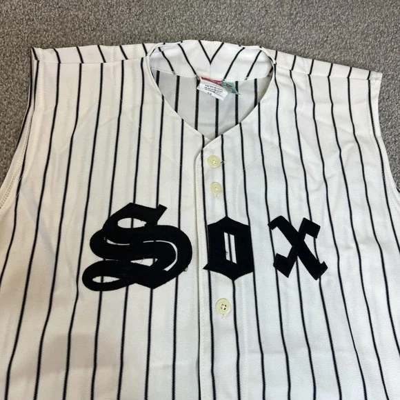 Sox Jersey Mens Medium White Black Baseball Pinstripe Button Front 18 Sleeveless - Picture 5 of 13
